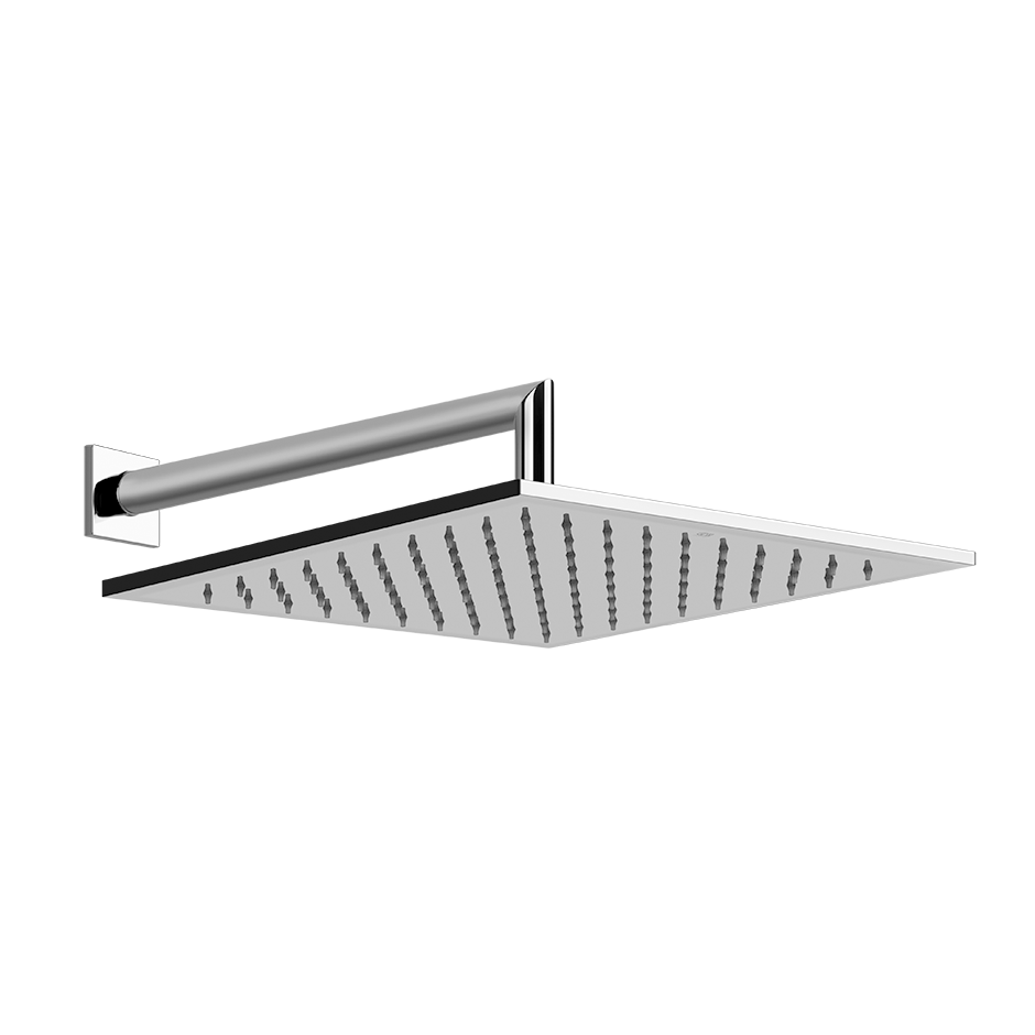 Tête de douche carrée Diam. 30 x 30 cm, avec bras mural de douche 1/2" L= 34.5 cm, modèle coude rond avec rosace carrée, 3 bar, groupe acoustique I, débit 9 l/min, chromé