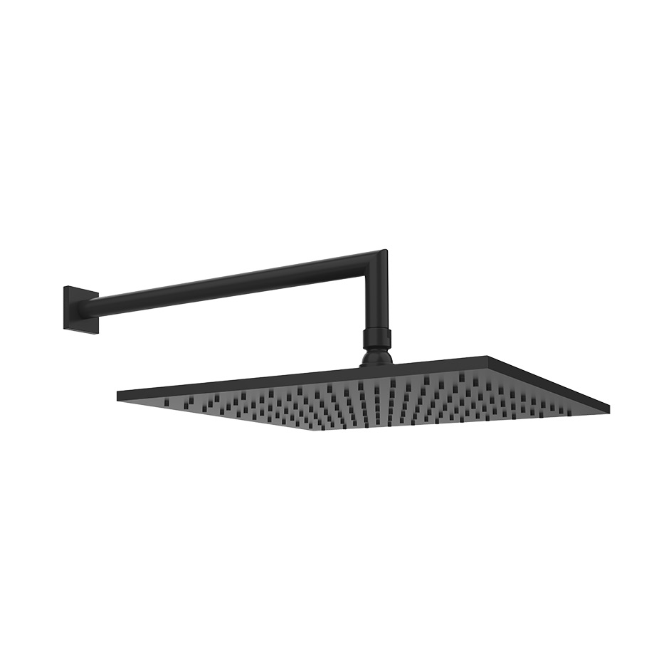 Tête de douche carrée Diam. 30 x 30 cm, avec bras mural de douche 1/2" L= 34.5 cm, modèle coude rond avec rosace carrée, 3 bar, groupe acoustique I, débit 9 l/min, 299 noir XL