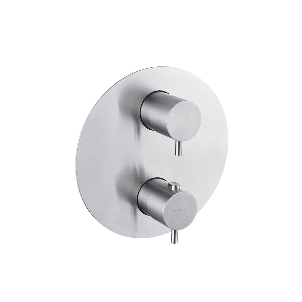 Mélangeur de douche thermostatique X-STEEL, set de montage final, avec poignée pour le contrôle de la température et une poignée avec régulateur de débit, sans corps à encastrer (1 sortie), (2 sorties), (3 sorties), acier inox