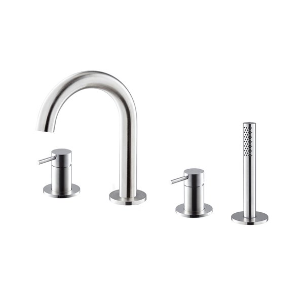 Batterie de remplissage X-STEEL 316, 4 trous, goulot de baignoire S 148 mm, robinets latéraux 1/2", douche extensible, inverseur automatique, pour montage sur bord de baignoire, sans système de drainage pour robinetterie montée sur rebords 371.00.000, groupe NT, acier inox