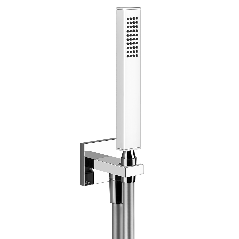 Ensemble Rettangolo comprenant : sortie coudée murale G-1/2", douchette 1 jet anticalcaire et flexible 1.50 m, chromé
