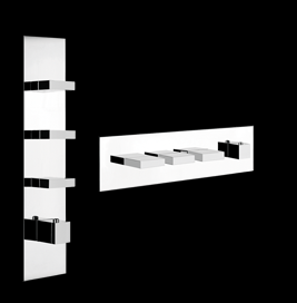 Parties apparentes RETTANGOLO, mitigeur thermostatique mural haut débit. Trois sorties indépendantes. Installation verticale/horizontale, sans corps à encastrer Nr. 43105, chromé