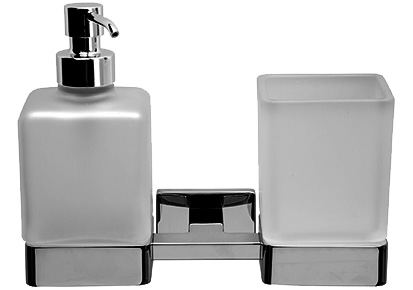 Support double LEO avec verre et distributeur de savon en verre satiné, Nickel brossé