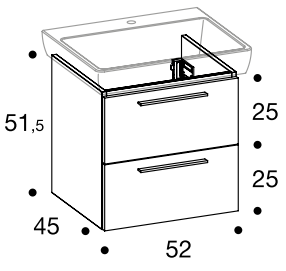 Elément inférieur sous-lavabo L52XH51.5XP45 cm, pour lavabo 60 cm (H8189520001041), 2 tiroirs 25/25 cm, corps/faces laqué, Finitions Blanc mat/brillant à choix, SYSTEM M, poignée visée à choix