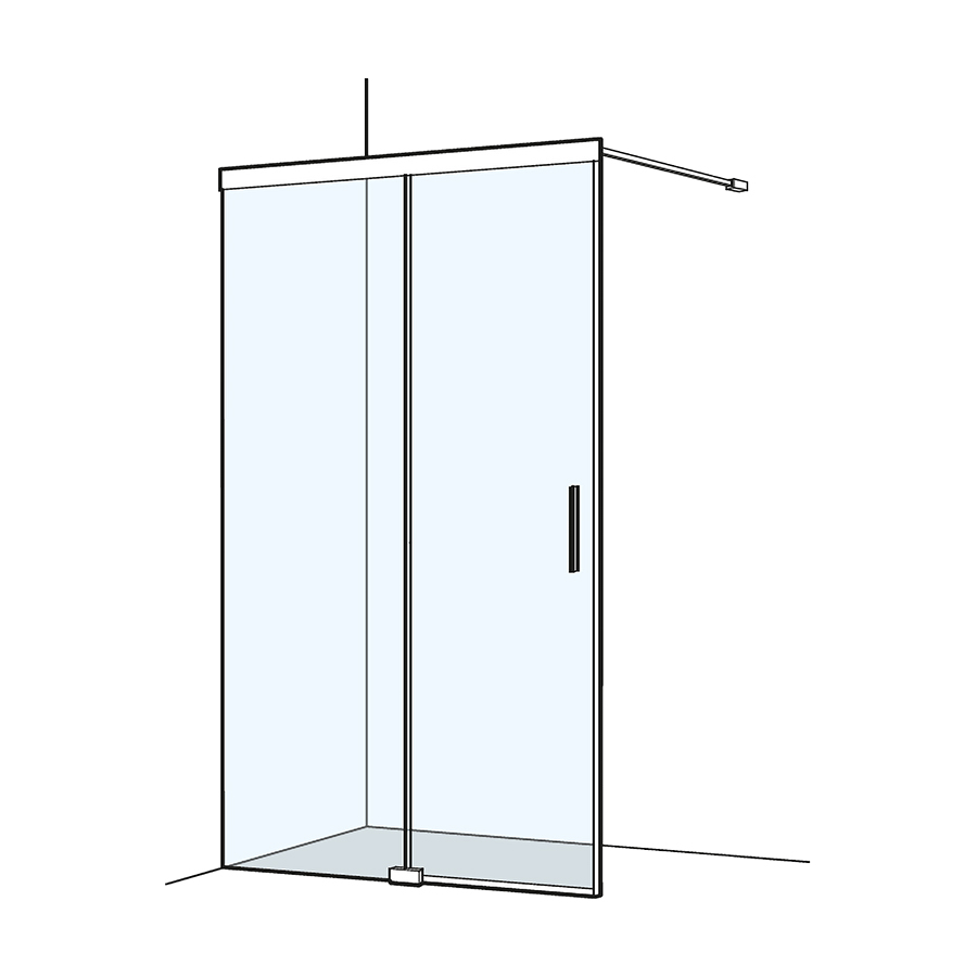 Porte coulissante S505PLUS 120,1-140,0 cm, H 200 cm pose libre, sans cadre 2 panneaux, partie fixe à gauche, Soft-Stop, fonction Self-Close, guidage magnétique profil contre l'éclaboussement MESURES EXACTES SELON PRISE DE MESURE, verre véritable clair, argent mat