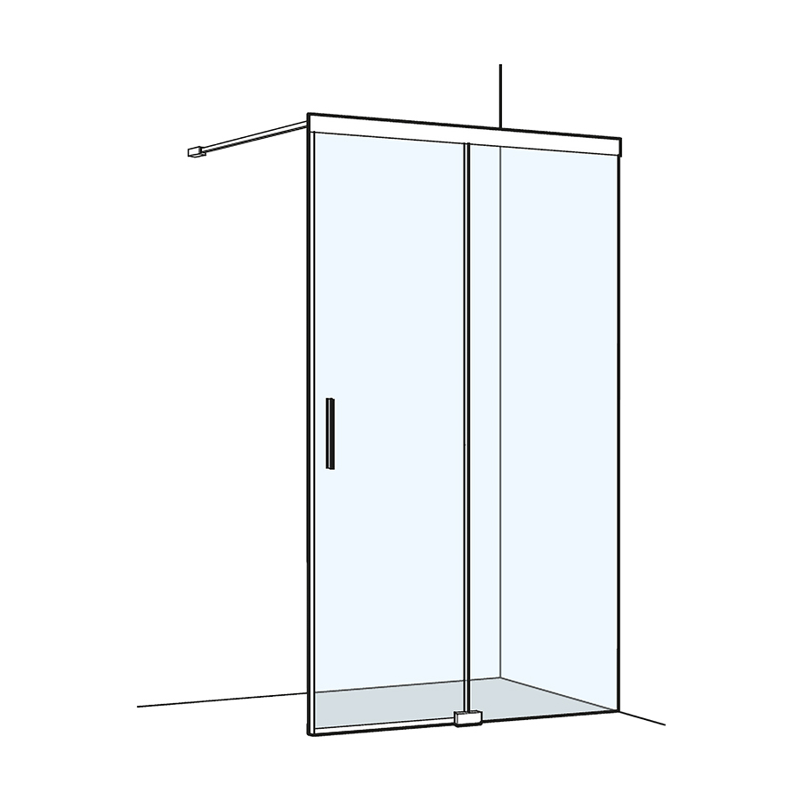 Porte coulissante S505PLUS 120,1-140,0 cm, H 200 cm pose libre, sans cadre 2 panneaux, partie fixe à droite, Soft-Stop, fonction Self-Close, guidage magnétique profil contre l'éclaboussement MESURES EXACTES SELON PRISE DE MESURE, verre véritable clair, argent mat
