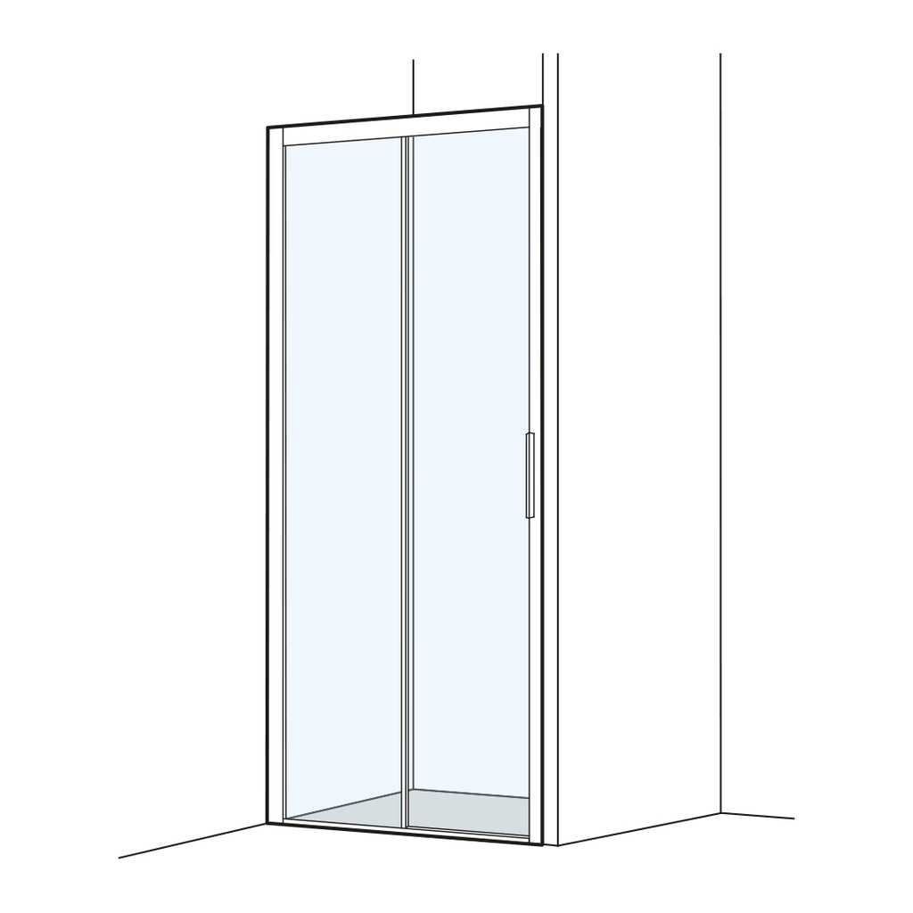 Porte coulissante S505PLUS NICHE 110,0-140,0 cm, H 200 cm sans cadre, 2 panneaux partie fixe à gauche Soft-Stop, fonction Self-Close guidage magnétique, profil contre l'éclaboussement MESURES EXACTES SELON PRISE DE MESURE, verre véritable clair, argent mat