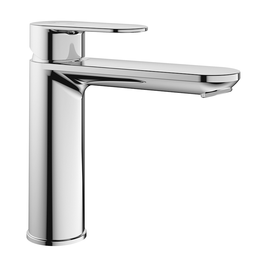 Mélangeur de lavabo ELLA S 140 mm, goulot fixe eau froide par position du levier au milieu, vidage excentrique, tuyaux de raccordement flexibles 3/8" groupe acoustique NT, chromeline