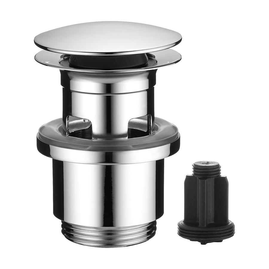 Bonde soupape d'écoulement 1 1/4" Push open fonction 2 en 1 (AVA E INOX), appuyez pour ouvrir et fermer verrouillable en position ouverte, adapté aux lavabos avec ou sans trop-plein, ACIER INOXYDABLE BROSSÉ