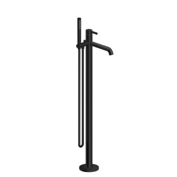 Mélangeur de bain BELLA S 215 mm, goulot fixe H jusqu'à aérateur 790-886 mm avec colonne pour montage à pose libre, douche, tuyau de douche 150 cm, sans corps à encastrer Nr. 39.000.602.931, noir mat