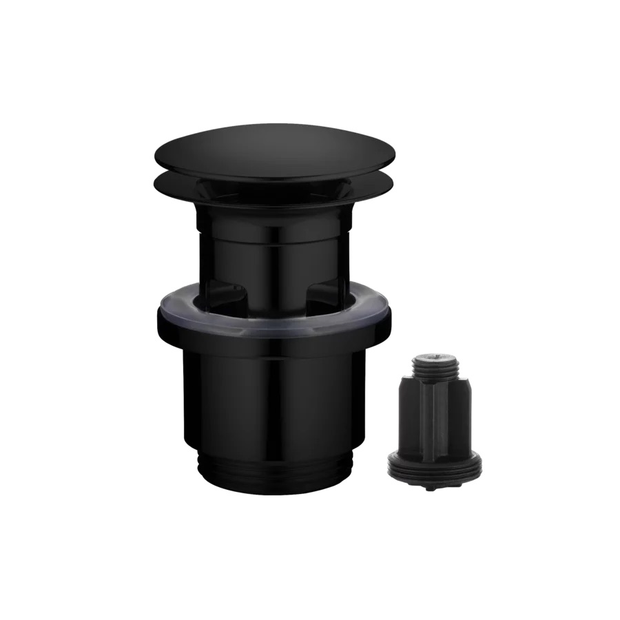 Bonde soupape d'écoulement 1 1/4" Push open fonction 2 en 1, (BEVO) appuyez pour ouvrir et fermer verrouillable en position ouverte, adapté aux lavabos avec ou sans trop-plein, NOIR MAT