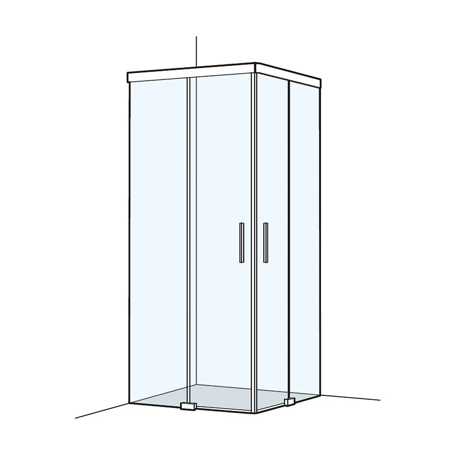 Entrée diagonale S505PLUS 80,0-100,0 x 80,0-100,0 cm H 200 cm, portes coulissantes 2 panneaux, sans cadre Soft-Stop, fonction Self-Close guidage magnétique, profil contre l'éclaboussement MESURES EXACTES SELON PRISE DE MESURE, verre véritable clair, argent mat