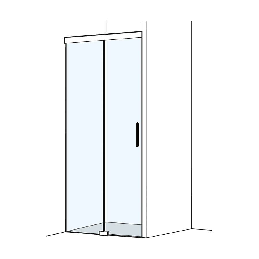 Porte coulissante S505PLUS NICHE 140,1-160,0 cm, H 200 cm sans cadre, 2 panneaux partie fixe à gauche Soft-Stop, fonction Self-Close guidage magnétique, profil contre l'éclaboussement MESURES EXACTES SELON PRISE DE MESURE, verre véritable clair, argent mat