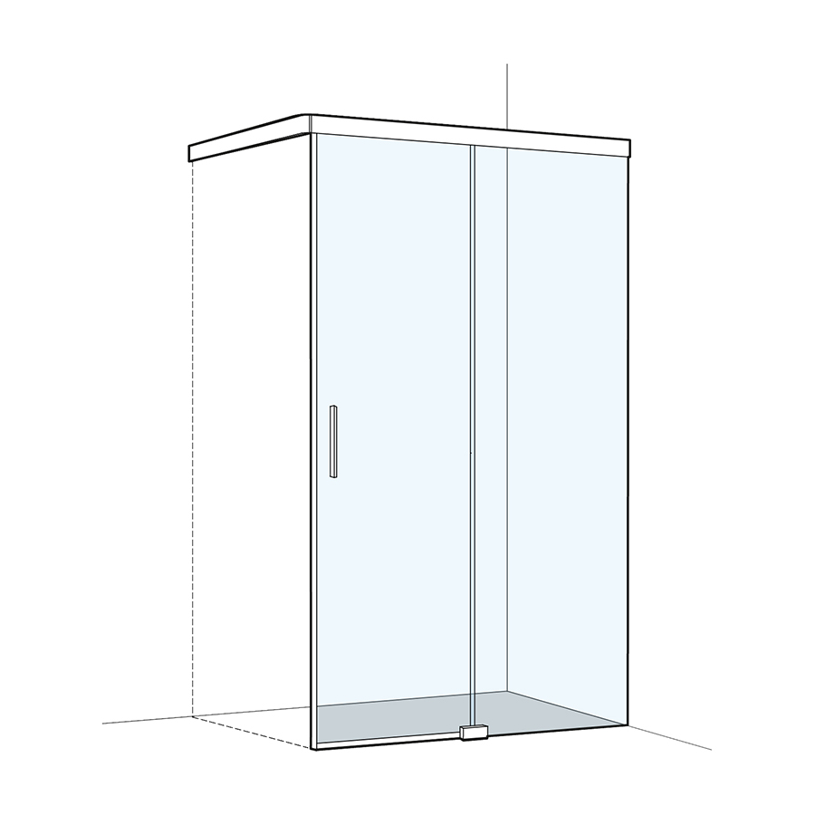 Porte coulissante S505PLUS pour cloison latérale 140,1-160,0 cm, H 200 cm sans cadre, 2 panneaux partie fixe à droite Soft-Stop, fonction Self-Close guidage magnétique, profil contre l'éclaboussement MESURES EXACTES SELON PRISE DE MESURE, verre véritable clair, argent mat