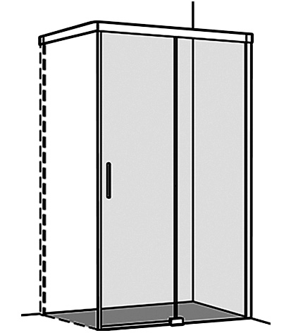 Porte coulissante S600PLUS pour cloison latérale 146,8-148,3 cm, H 200 cm cadre partiel, 2 panneaux partie fixe à droite Soft-Stop, fonciton Self-Close guidage magnétique, MESURES EXACTES SELON PRISE DE MESURE, verre véritable clair, argent poli