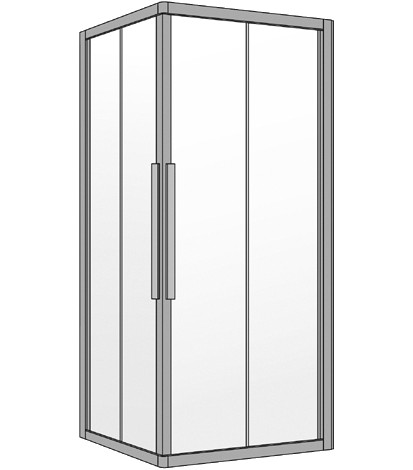 Entrée diagonale QUATTUOR 78-80 x 78-80 cm, H 200 cm portes coulissantes 2 panneaux, verre véritable clair, couleur d'argent mat