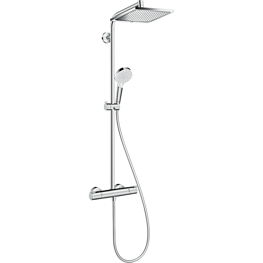 Système de douche CALMA (tête de douche carrée) 1JET, mélangeur de douche thermostat 1/2", robinet d'arrêt inverseur, douche de tête E 240 1jet 240 x 240 mm, bras de douche 350 mm, douche à main, tuyau de douche 160 cm, débit 9 l/min, Classe énergie B, groupe acoustique I, chromé