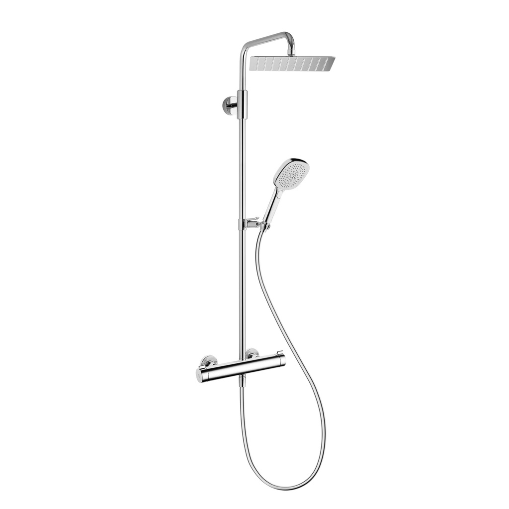 Duschsystem KWC THERM DESIGN, E 153 mm, Absperrventile 1/2" x 1/2", Handbrause Choice-X mit Kopfbrauseschlauch Piatto-X quadratisch 30 x 30 cm, Schieber, Chromeline