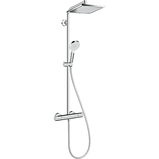 [1621C1709] Colonne de douche CROMETTA E 240 (tête de douche carrée) 1JET, EcoSmart mélangeur de douche thermostat 1/2", robinet d'arrêt inverseur, douche de tête Crometta E 240 1jet 240 x 240 mm, EcoSmart, QuickClean, bras de douche 350 mm, douche à main Crometta VarioEcoSmart, tuyau de douche Isiflex 160 cm, débit 9 l/min, tuyau d'eau ascendant : raccourcir au-dessous, Classe énergie B, groupe acoustique I, chromé