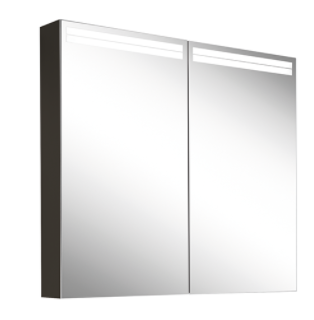 [1617C0500] Armoire de toil. ARANGA (anc. ARANGALINE TW) 80 x 70 x 12 cm profil en aluminium pour montage AP ou UP, prises double en haut à droite ou à gauche, prise double en bas à la paroi intermédiaire à droite, 2 portes à double miroir, LED dimmable, en haut et en bas 33 W, dessus et dessous séparément commutable 2000-6500 K, bouton pour les fonctions à l'intérieur du profilé latéral, miroir grossissant IP44, NOIR MAT