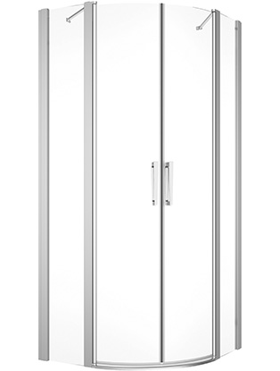 [1613M0446] Entrée diagonale DIVERA 80 x 80 cm, H 200 cm 2 portes battantes, 2 éléments fixes, ouverture intérieure et extérieure, pour douche quart de cercle R 55 cm protection Aquaperle, verre vérit. clair cleaneffect, argent poli-brillant