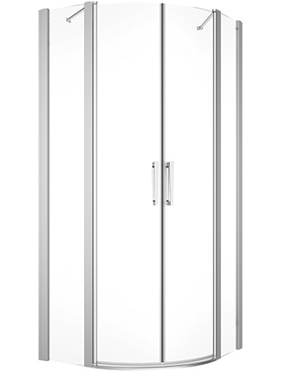 [1613M0451] Entrée diagonale DIVERA 80 x 90 cm où 90 x 80 cm H 200 cm, 2 portes battantes 2 éléments fixes ouverture intérieure et extérieure, pour douche quart de cercle R 55 cm protection Aquaperle, verre vérit. clair cleaneffect, argent poli-brillant