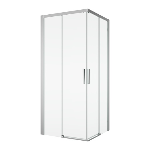[1613M0470] Entrée diagonale DIVERA 80 x 80 cm, H 200 cm 2 portes coulissantes 2 éléments fixes, protection Aquaperle, verre vérit. clair cleaneffect, argent poli-brillant