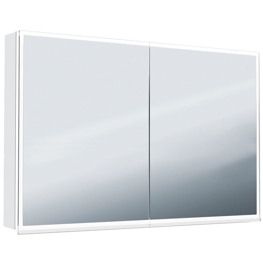 [1617C0526] Armoire de toilette ILLUMINATO 2.0 118 x 73 x 13,2 cm profil en aluminium, 2 prises double à l'intérieur en bas 2 portes à double miroir éclairage du cadre par LED 35,18W, commande de l'éclairage clavier/ application, boîte cosmétique miroir grossissant inclus IP24, couleur lumière changeable, blanc