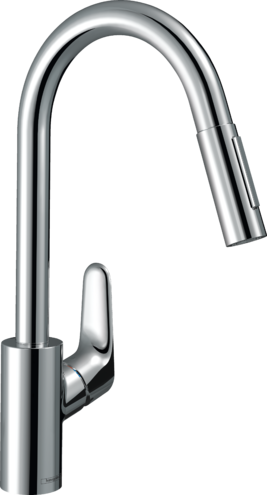[1621C1617] Mélangeur d'évier FOCUS 240 S 220 mm goulot orientable 150°, douche extensible réglable, débit 9,5 l/min cartouche en céramique groupe acoustique I , Chromé