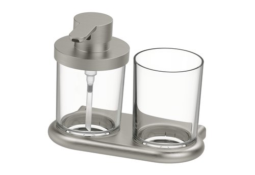 [1690C1304] Distributeur de savon NIA et porte-verre, récipient 0,18 litre et verre en verre clair, Nickel brushed