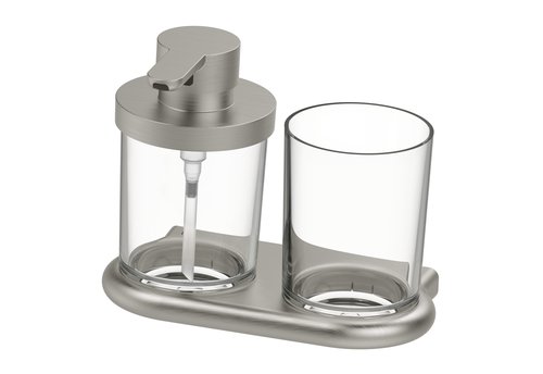 [1690C1307] Distributeur de savon NIA et porte-verre, récipient et verre en verre en Tritan incassable clair, Nickel brushed