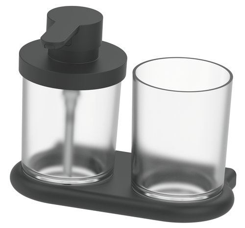 [1690C1311] Distributeur de savon NIA et porte-verre, récipient 0,18 litre et verre en verre mat, Noir mat