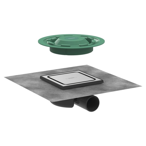 [1620C1755] Ecoulement de douche RAINDRAIN SPOT 15 x 15 cm, recouvrement recouvrement design, corps de base, siphon, natte d'étanchéité prémontée, garde d'eau siphon 50 mm, Acier inoxydable brossé
