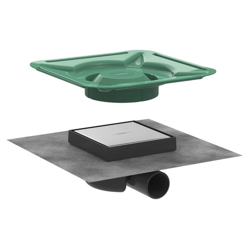 [1620C1756] Ecoulement de douche RAINDRAIN SPOT 15 x 15 cm, recouvrement carrelable au dos recouvrement design, corps de base, siphon, natte d'étanchéité prémontée, garde d'eau siphon 50 mm, Acier inoxydable brossé