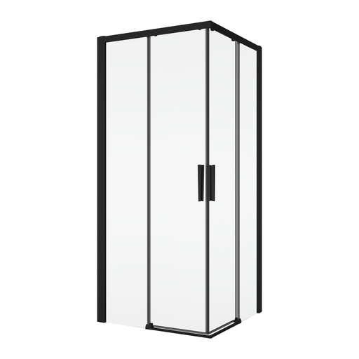 [1613M0497] Entrée diagonale DIVERA 80 x 80 cm, H 200 cm 2 portes coulissantes 2 éléments fixes, protection Aquaperle, verre vérit. clair cleaneffect, noir mat