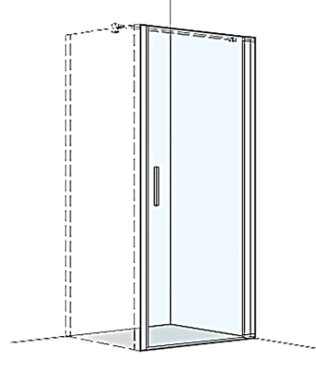 [1613H0393] Porte battante S400PLUS pour cloison latérale 87,5-89 cm, H 200 cm sans élément fixe, charnières à droite, profil contre l'éclaboussement, verre véritable clair, argent poli brillant