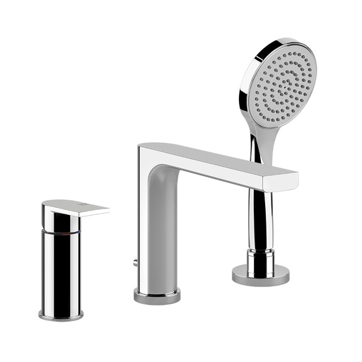 [1621C1898] Mélangeur bain-douche trois trous avec bec, inverseur, flexibles de raccordement 1,50m et douchette anticalcaire. Inverseur sur le bec. Flow: 16.5 l/min, groupe acoustique II, chromé