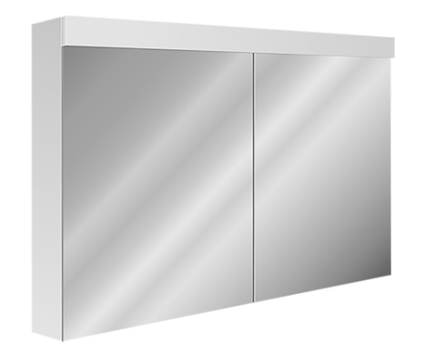 [1617M3711] Armoire de toilette Avona Novo 120 x 71,2 x 13,4/14,2 cm profil en aluminium 2 portes à double miroir 1 prise double en haut changeable, LED 28 W Lumen en haut 3980, IP24, couleur lum. blanc froid 4000K, classe énergétique D, blanc
