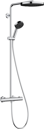 [1621C2224] Colonne de douche Pulsify S Puro Showerpipe, douche de tête ronde amovible diam. 260 mm 1jet avec thermostat Ecostat Fine E 150 mm, raccords à visser 1/2" et douchette 3jet, groupe acoustique I, classe énergie C, chromé