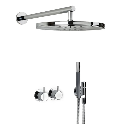 [1621C2238] Partie visible 2400, douche à main T2 avec flexible de douche métal, douche de tête ronde, fixation murale, inverseur sur 156 mm et sortie séparée, poignée standard 25 mm, rosace, flexible métal 1.50 m, sans corps à encastrer 2400F, couleur 16 CHROME BRILLANT