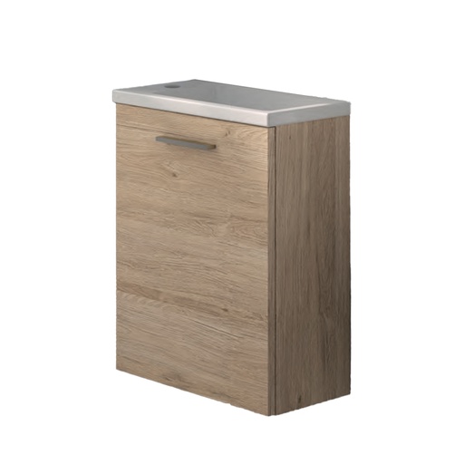 [1616C4397] Ensemble meuble-vasque LEA 40.5x58.7.2x22 cm, lave-mains céramique blanc brillant réversible sans trop plein, livré avec bonde de vidage à écoulement libre chromé, trou pour robinetterie sur le coté de la vasque au centre, meuble charnière à droite, avec poignée visible, finition B, couleur à choix