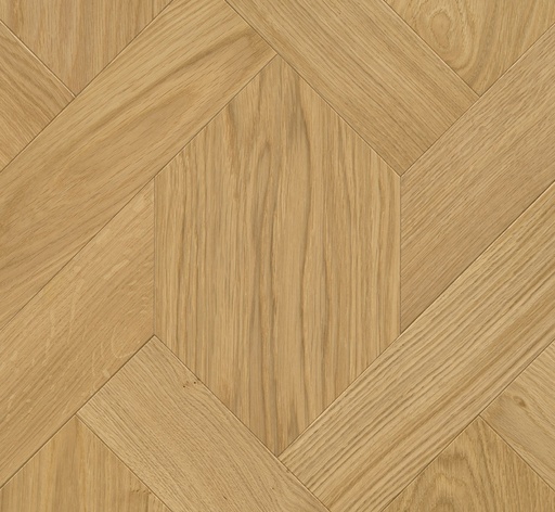 [1411C0310] Parquet Frise en trapèze / Frise hexagonale Trendtime 11 Cheverny composé de différentes formes Natur chêne vernis mat - Mini chanfrein sur 4 côtés - 4 lames/cart. - 791x791x15/3.5 mm - 0.625m2/cart. - 72.50m2/pal. - 8.28 kg/m2