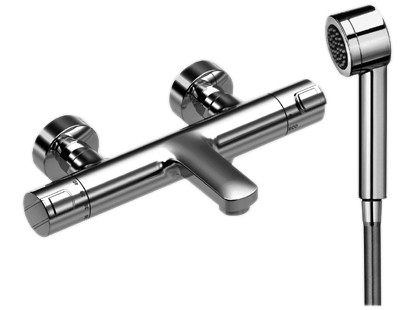 [1621H0879] Mélangeur de bain CITYPRO THERMOSTAT, E 153 mm, raccords d'arrêt 1/2" x 3/4", tuyau de douche Simiflex 150 cm, douchette AquaJet RubiClean, groupe acoustique I, chromé
