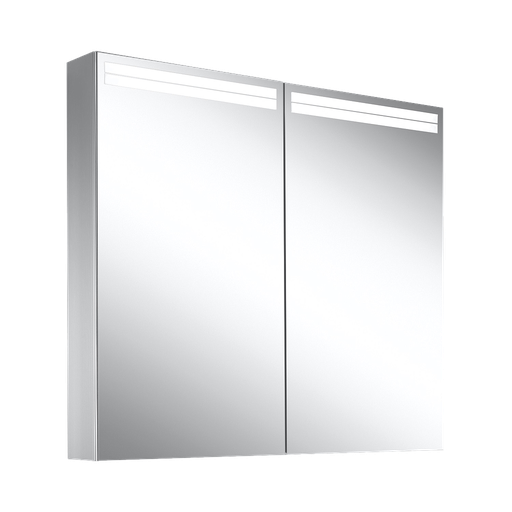 [1617C0051] Armoire de toilette ARANGA (anc. ARANGALINE TW) 80 x 70 x 12 cm profil en aluminium pour montage AP ou UP, prises double en haut à droite ou à gauche, prise double en bas à droite de la paroi intermédiaire, 2 portes à double miroir, LED dimmable, en haut et en bas 33 W, dessus et dessous séparément commutable température de la couleur 2000-6500 K, bouton pour les fonctions à l'intérieur du profilé latéral, miroir grossissant IP44, argent éloxé