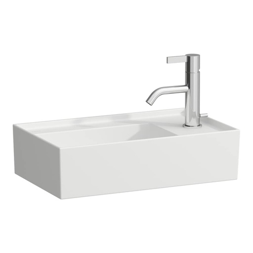 [1624C0556] Lave-mains KARTELL 46 x 28 cm, SaphirCéramique pour meuble suspendu, tablette de robinetterie à droite sans trop-plein, incl. soupape d'ecoulement sans trop-plein premonté, 1 trou robin., standard, blanc mat