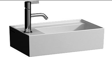 [1624C0481] Lave-mains KARTELL 46 x 28 cm, SaphirCéramique pour meuble suspendu, tablette de robinetterie à gauche sans trop-plein, incl. soupape d'ecoulement sans trop-plein premonté, 1 trou robin., standard, blanc