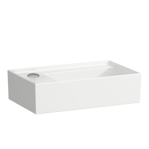 [1624C0482] Lave-mains KARTELL 46 x 28 cm, SaphirCéramique pour meuble suspendu, tablette de robinetterie à gauche sans trop-plein, incl. soupape d'ecoulement sans trop-plein premonté, 1 trou robin., standard, blanc mat
